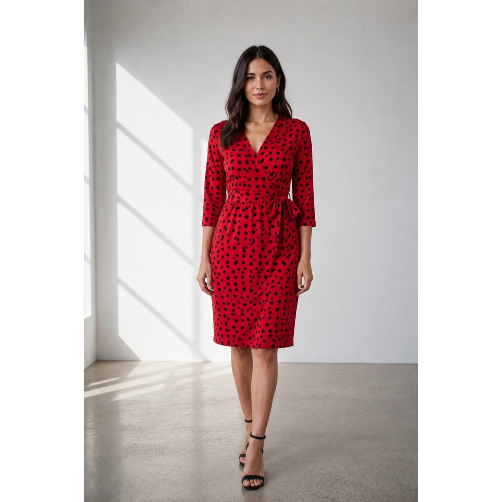 Mud pie V neck 3/4 sleeves faux wrap red with black polka dots‎ dress size Small